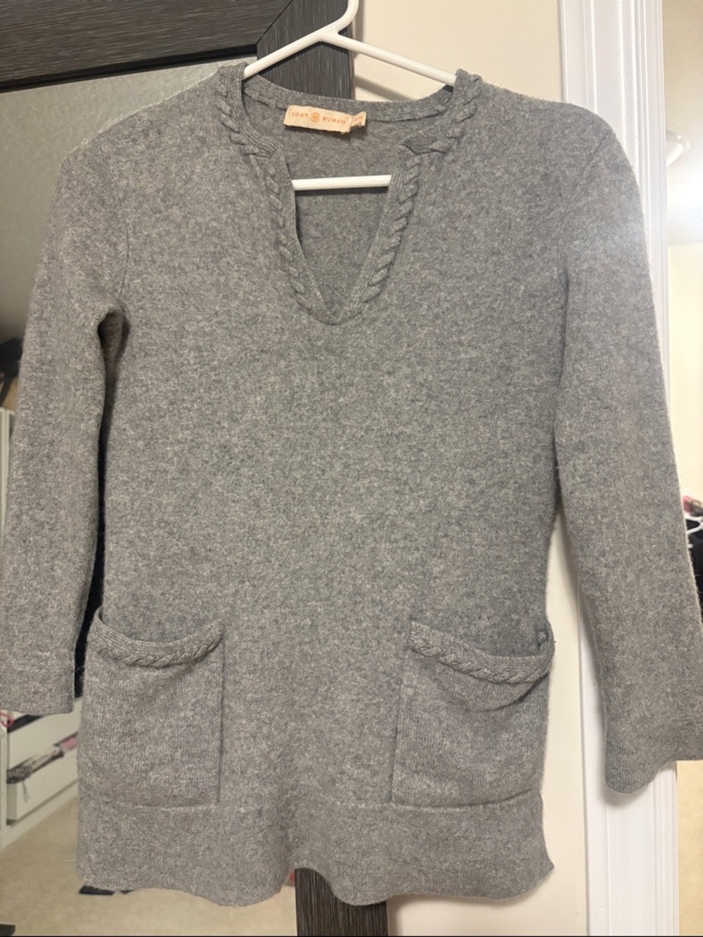 TORY BURCH Women's Gray cashmere Sweater with Braided Trim
